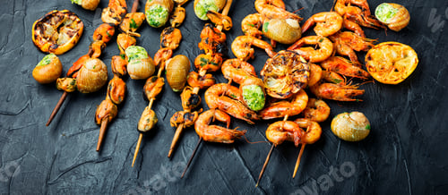Preview: Delicious Roasted Shrimps And Mussels On Wooden Skewers