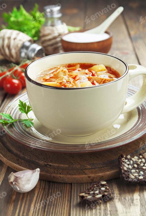 Preview: Cabbage Soup With Meat And Sour Cream. Russian Traditional Dish