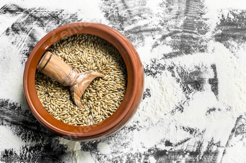 Preview: Wheat Grains With A Scoop In A Bowl. On The Stone Table.