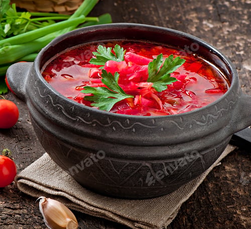Preview: Traditional Ukrainian Russian Vegetable Borsch On The Old Wooden Background