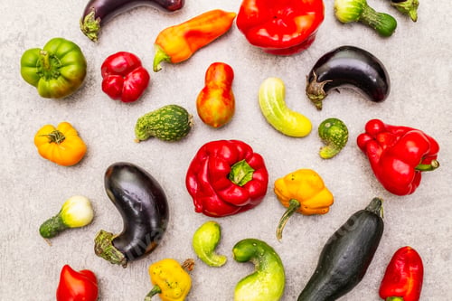 Preview: Trendy Ugly Organic Vegetables. Assortment Of Fresh Pepper, Eggplant, Cucumber, Tomato, Pumpkin