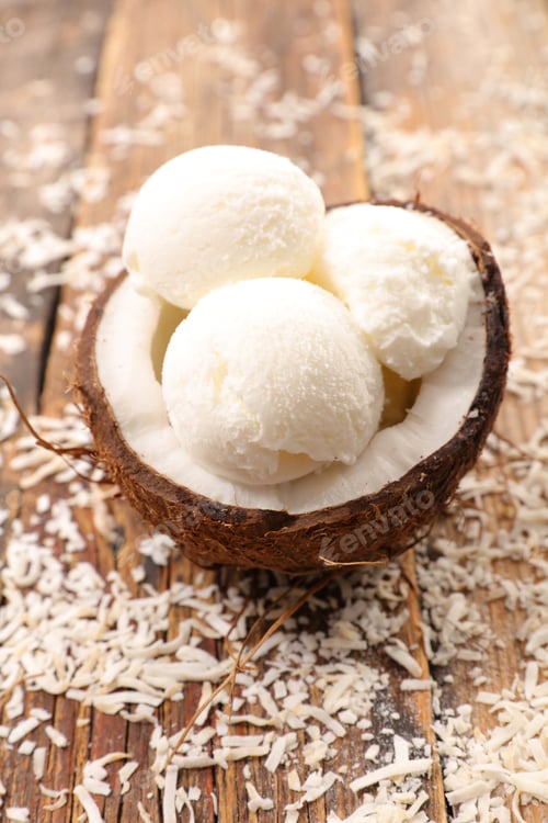 Preview: Coconut Ice Cream On Wood Background