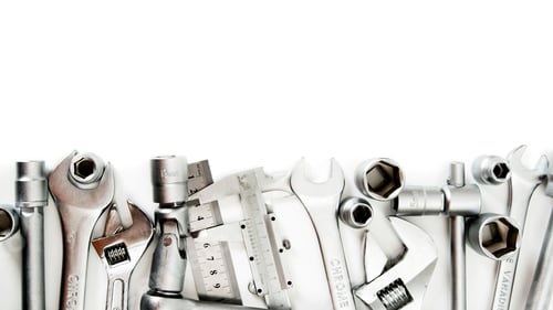 Preview: Metal Working Tools. Metalwork. Spanner , Ruler, Caliper And Others Tools On White Background.