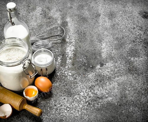 Preview: Baking Background. Fresh Ingredients For Dough. On A Rustic Background.