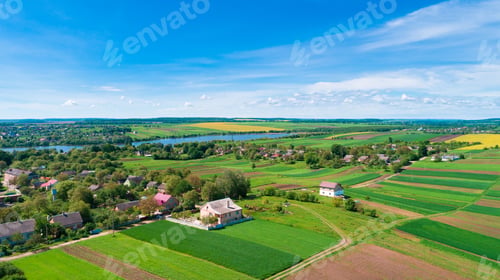 Preview: European Village, River, Forest. Aerial View.