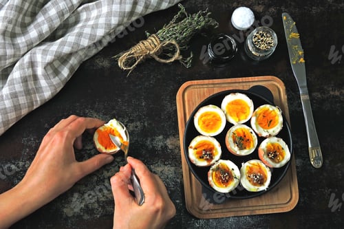 Preview: Soft Boiled Eggs In A Cast Iron Skillet. Nutritious Healthy Breakfast Or Snack.