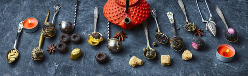 Preview: Banner Of Set Tea Leaves In Stylish Tea Spoon On Slate Concrete Background