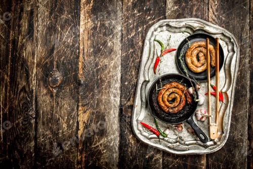 Preview: Sausages In Pans On A Steel Tray With Hot Chili Peppers. On A Wooden Background.