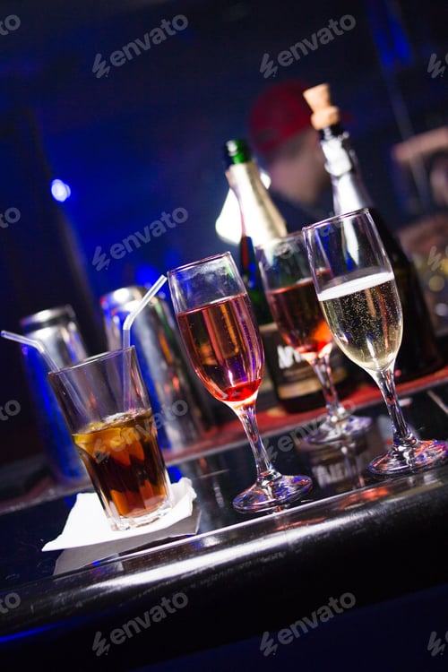Preview: Three Glass With White Wine, On A Bar, In An Restaurant
