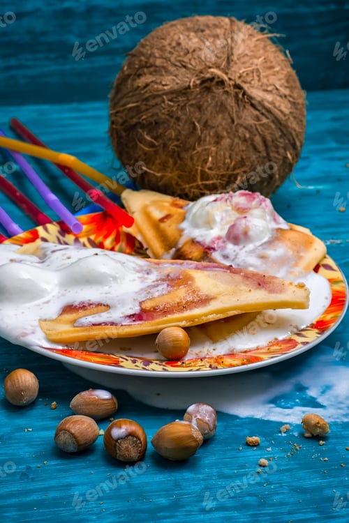 Preview: Baked Waffle Pecan Coconut Dessert With Appendices Ice Cream.Selective Focus
