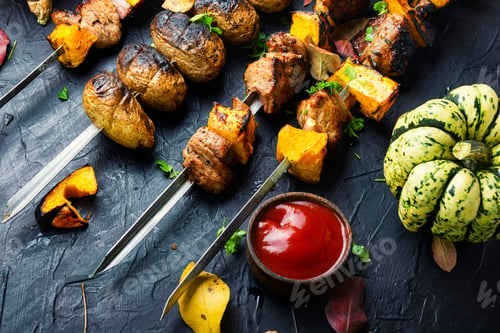 Preview: Kebabs Or Skewers Of Meat And Pumpkin.Delicious Fried Meat On Skewers