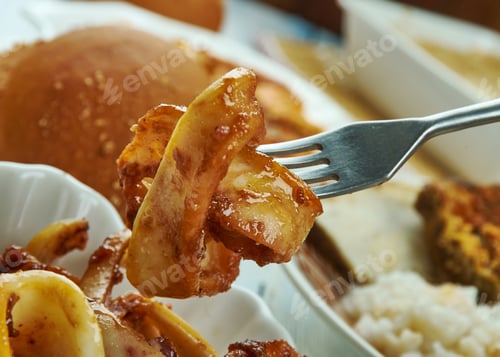 Preview: Adobong Pusit , Squid Adobo, Filipino Cuisine, Traditional Assorted Dishes, Top View.