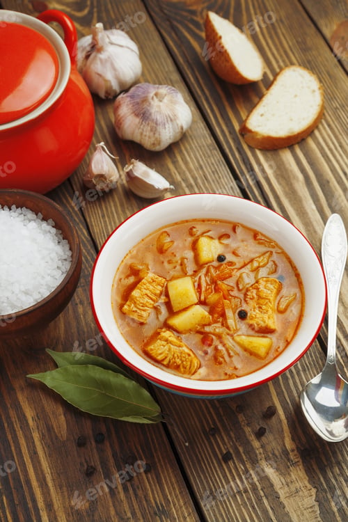 Preview: Cabbage Soup On The Table. Russian Traditional Dish
