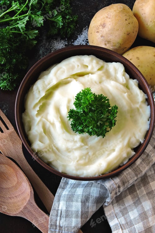 Preview: Mashed Potatoes With Herbs In A Bowl. Flat Lay.