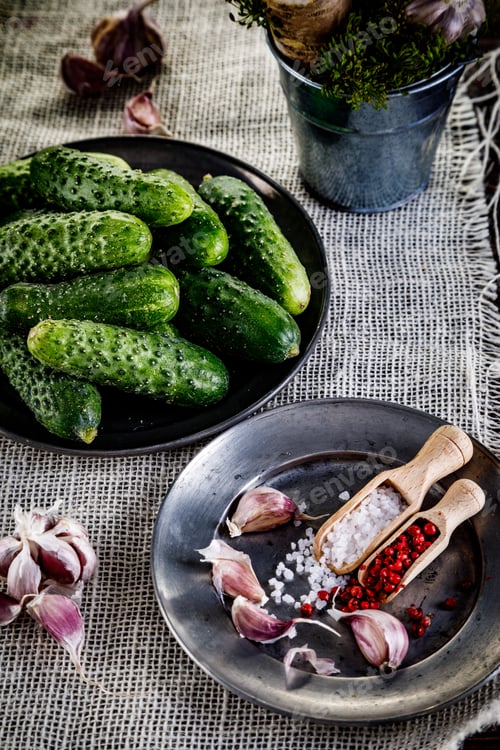 Preview: Raw Cucumbers, Horseradish, Garlic And Dill On Wooden Background