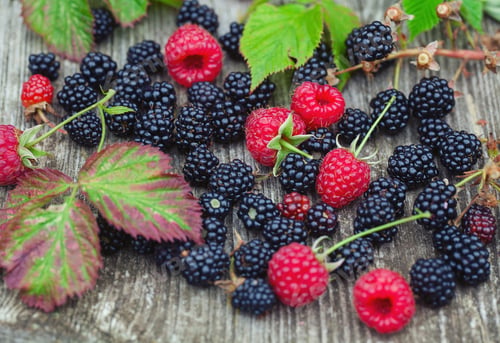 Preview: Fresh Raspberries And Blackberries On Eustic Wooden Surface