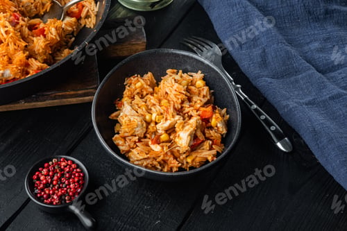 Preview: Traditional Mexican Enchiladas With Chicken Meat Rice And Cheese Mexican Cuisine., On Black Wooden