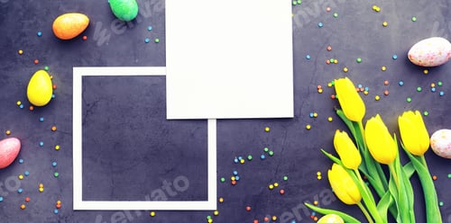 Preview: Easter Background On Black Stone. Multicolored Eggs And Sweets. Bouquet Of Tulips.