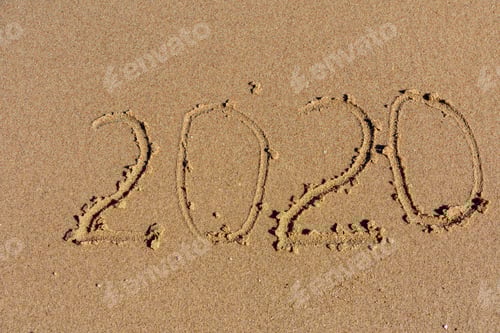 Preview: New Year 2020. Inscription On Sandy Beach. Tropical Celebration Concept