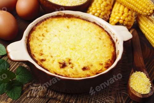 Preview: Casserole Of Polenta On The Wooden Table