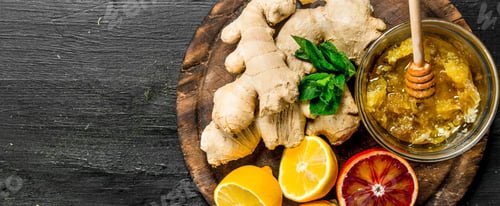 Preview: Fresh Ginger With Honey And Lemons On The Board. On The Black Chalkboard.