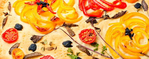 Preview: Homemade Italian Focaccia With Bell Pepper,Tomatoes,Basil And Olives.