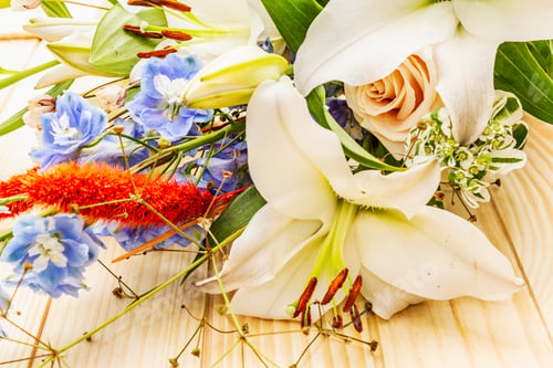 Preview: Bouquet Of Summer Festive Flowers. The Concept Of A Romantic Gift. Bridal Bouquet. Light Wooden