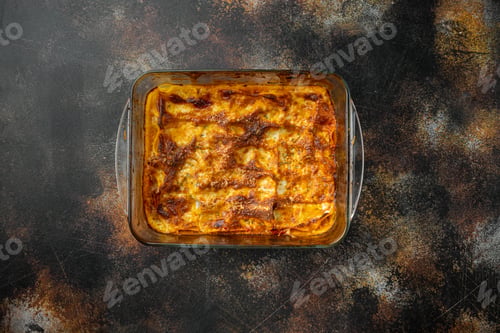 Preview: Classic Meat Lasagna With Cheese Bechamel And Bolognese Sauce Set, In Baking Tray, On Old Dark