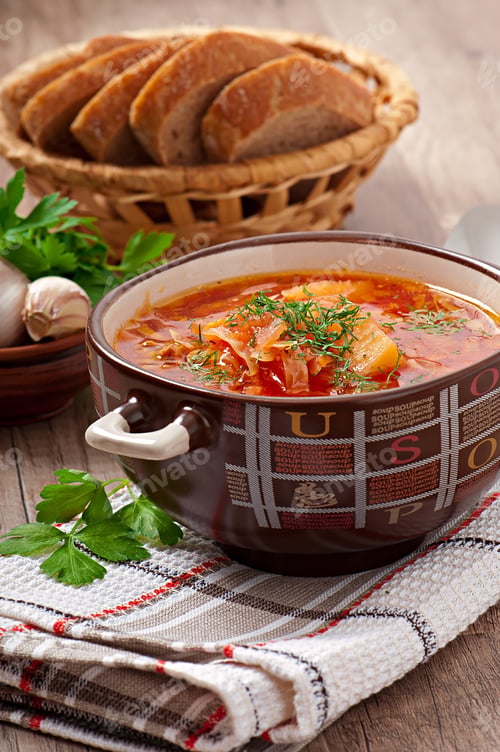 Preview: Ukrainian And Russian National Red Soup Borsch Closeup