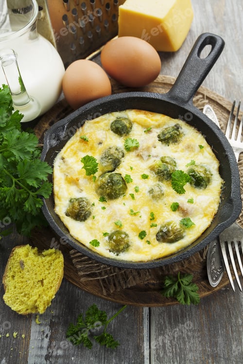 Preview: Casserole With Brussels Sprouts And Cheese In A Frying Pan