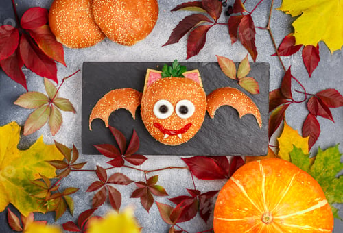 Preview: Halloween Burger (Sandwich) Of Sesame Bun, Sausage Or Ham, Cheese, Tomato Ketchup, Eggs, Olives And