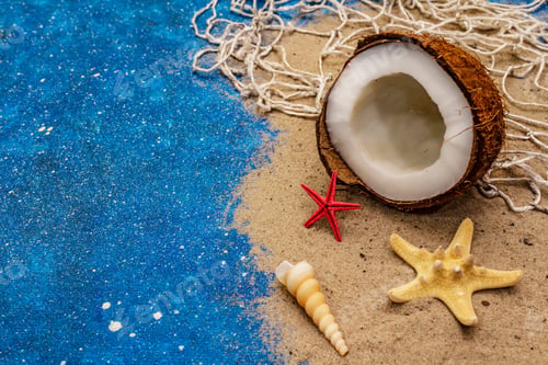 Preview: Seashells Summer Background. Lots Of Different Seashells Piled Together, Sea Star. Navy Blue