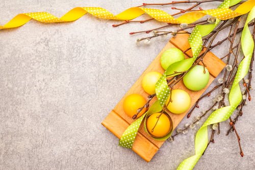 Preview: Easter Eggs, Willow Seals Branches, Polka Dot Satin Ribbons. Concept On A Wooden Stand On A Stone