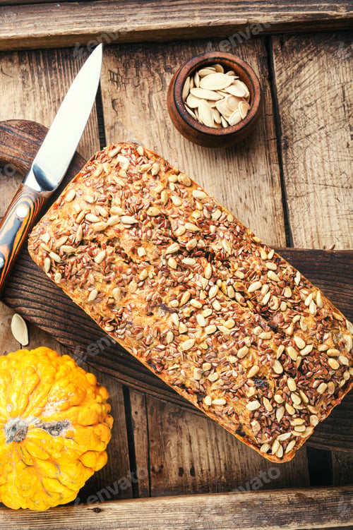 Preview: Homemade Autumn Bread, Pumpkin Bread On Wooden Table.