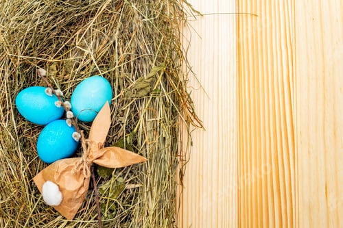 Preview: Easter Eggs Concept In A Nest On Hay With Willow Seals And Paper Bunny Gift On Wooden Table