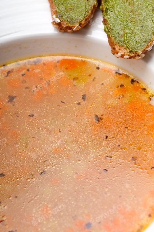 Preview: Classic Italian Minestrone " Passato"Soup With Pesto Crostini On Side