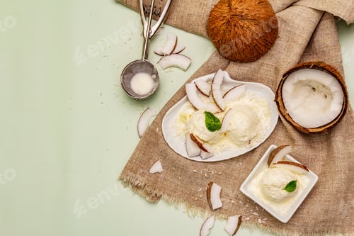 Preview: Lactose Free Coconut Ice Cream. Special Spoon, Halves Of Fruit, Flakes. Vegan Dessert Concept