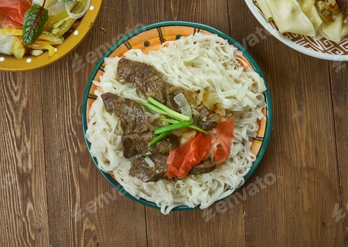 Preview: Naryn,Pasta Dish An Finely Chopped Lamb Meat, Kyrgyz Cuisine, Traditional Assorted Dishes, Top View.