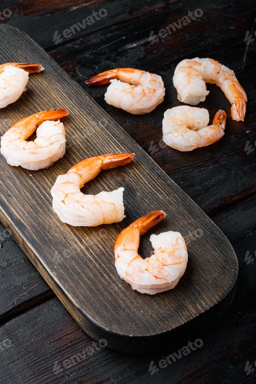Preview: Peeled Shrimps, Prawns Set, On Wooden Cutting Board, On Old Dark Wooden Table Background