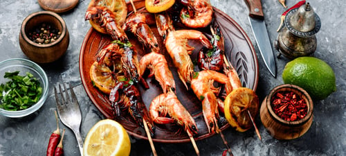 Preview: Delicious Roasted Shrimps On Skewers With Lemon.Bbq Shrimp Grilled.Cooking Seafood