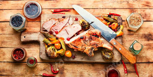 Preview: Grilled Roasted Rack With Vegetables On Rural Wooden Table