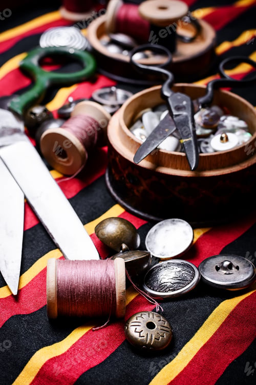 Preview: Scissors ,Iron, Stylish Old-Fashioned Buttons And Thread