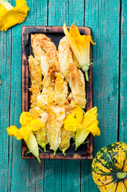 Preview: Fried Zucchini Flowers Stuffed With Cream Cheese.Stuffed Zucchini Or Courgette Flowers
