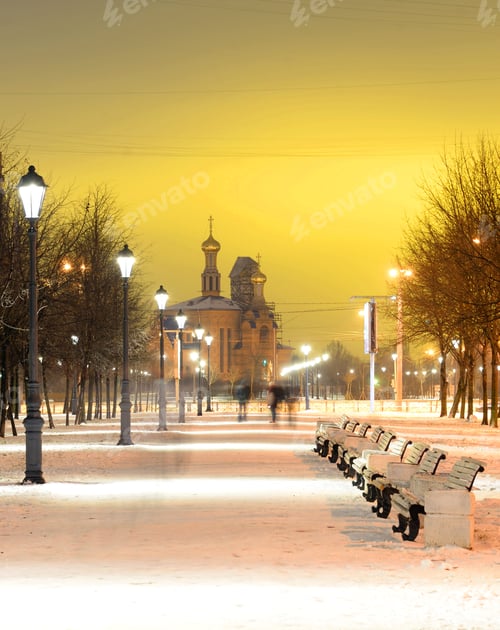 Preview: Alley At Winter Night On The Outskirts Of St. Petersburg, Russia.