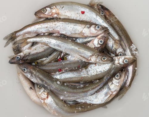 Preview: Fresh Smelt For Frying With Spices. Small Fish. Selective Focus