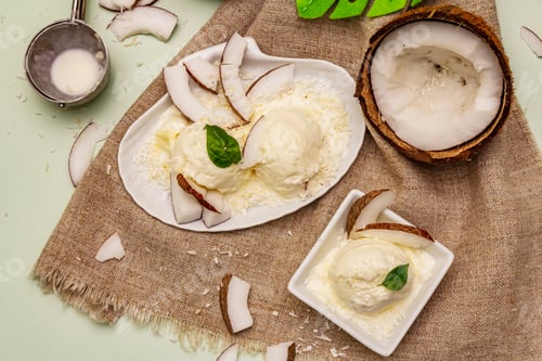 Preview: Lactose Free Coconut Ice Cream. Special Spoon, Halves Of Fruit, Flakes. Vegan Dessert Concept