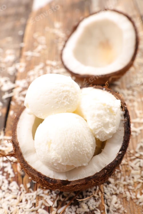 Preview: Coconut Ice Cream On Wood Background