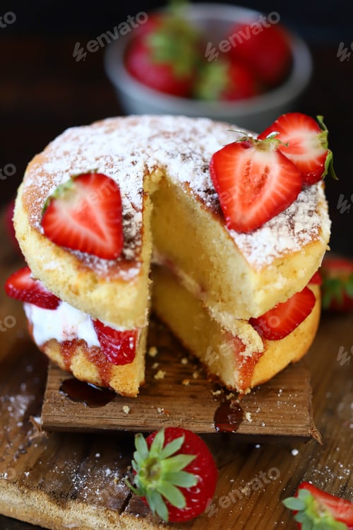 Preview: Soft Focus. Victoria Sponge Cake. The Famous Dessert Biscuit With Strawberries.