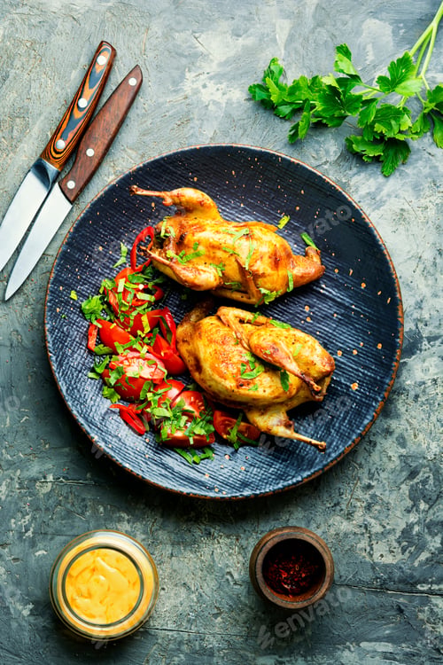 Preview: Roasted Whole Quail And Spring Vegetable Salad.Tasty Grilled Quails