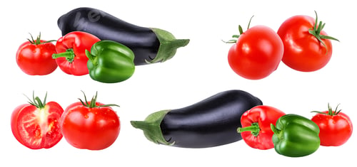 Preview: Fresh Vegetable Eggplants, Tomatoes And Red Pepper Isolated On White Background
